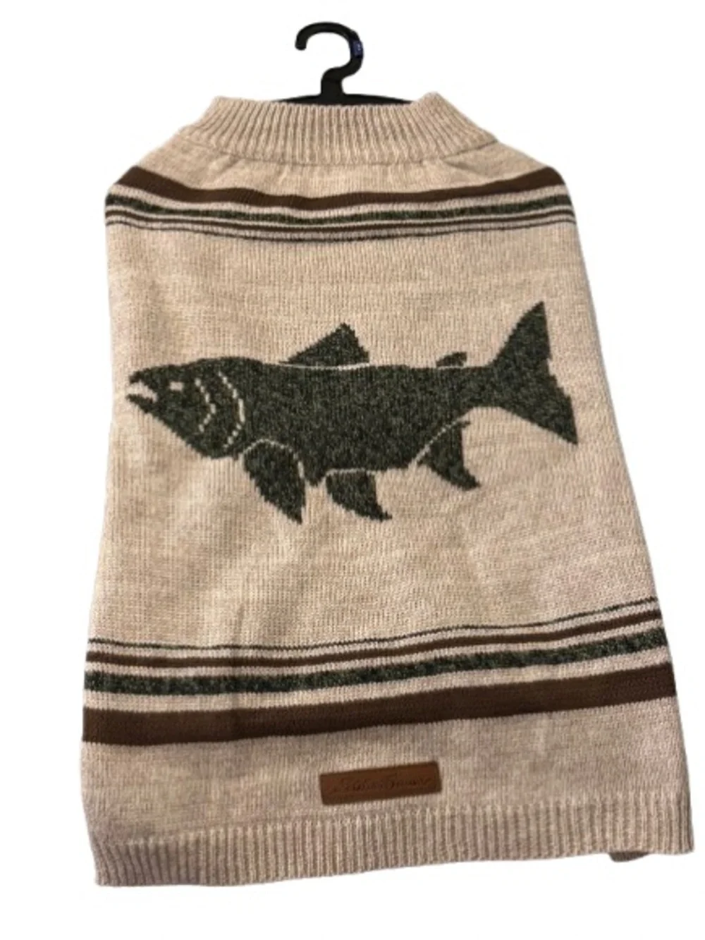 Eddie Bauer Pet Salmon Fish Knit Dog Sweater XL Cream Brown Outdoor Cozy NWOT